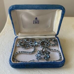 VTG Antique ICE Blue Rhinestone Bow Choker Collar Prong Necklace Earrings ?BIRKS